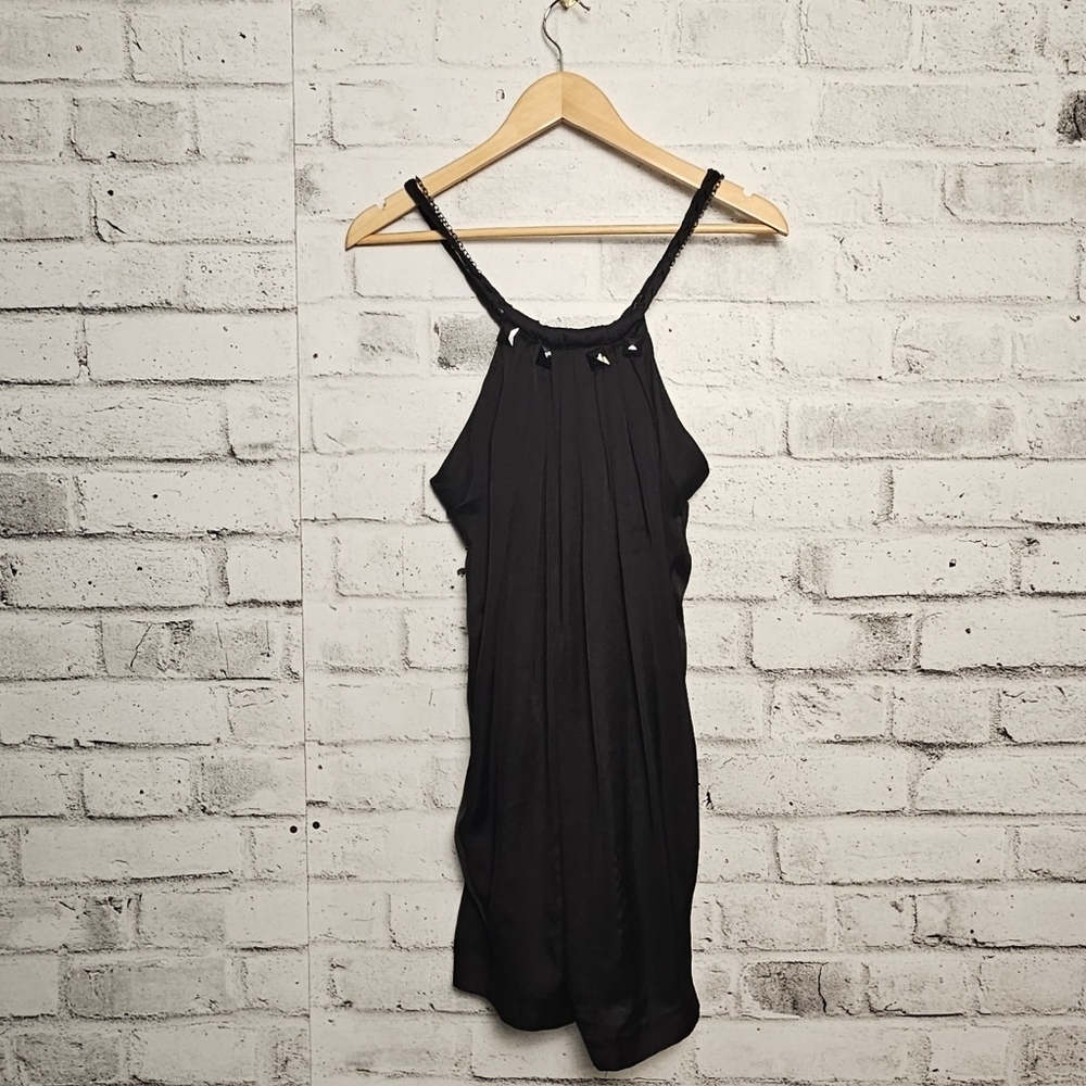 360 Surf Black Satin Mini Dress Beaded Straps Pleated Front Size L